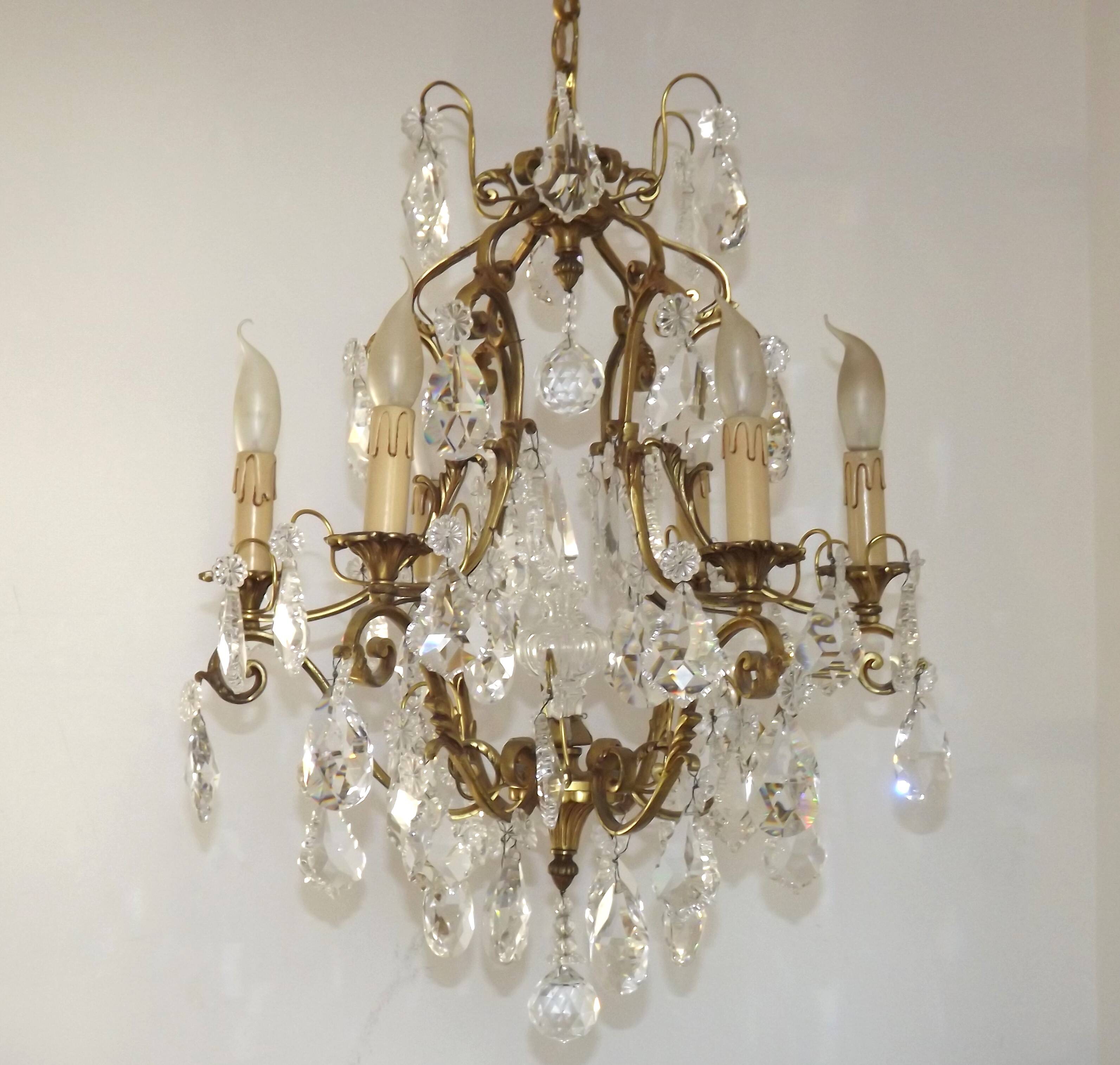 French Art Nouveau chandelier with 6 lights in bronze and crystal Acanthus 5552