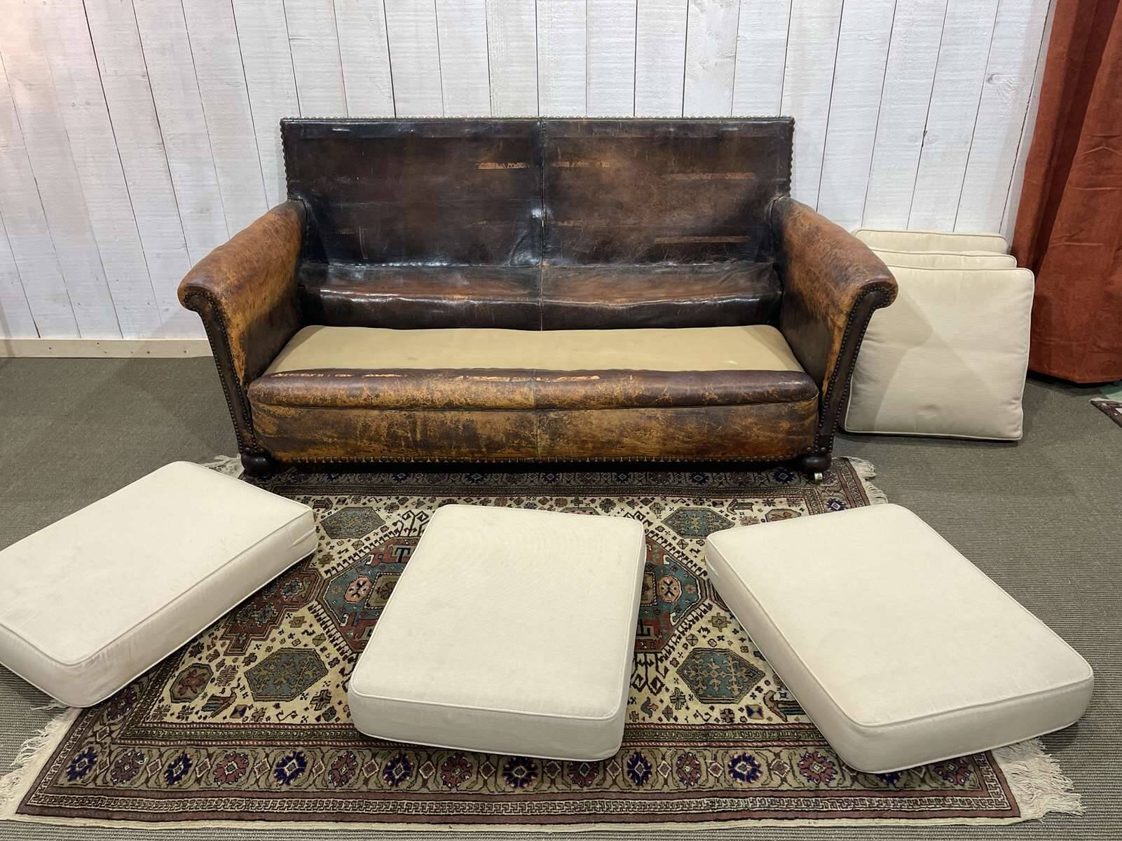 Early 20th century leather club sofa - seat and back in modern fabric