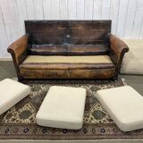 Early 20th century leather club sofa - seat and back in modern fabric