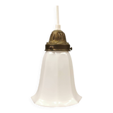 Small delicious tulip shaped hanging lamp in white opal glass with brass top.