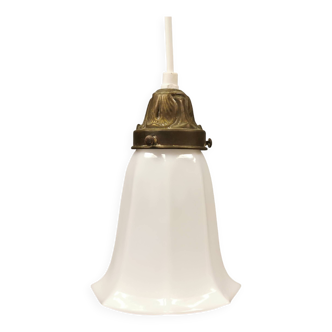 Small delicious tulip shaped hanging lamp in white opal glass with brass top.