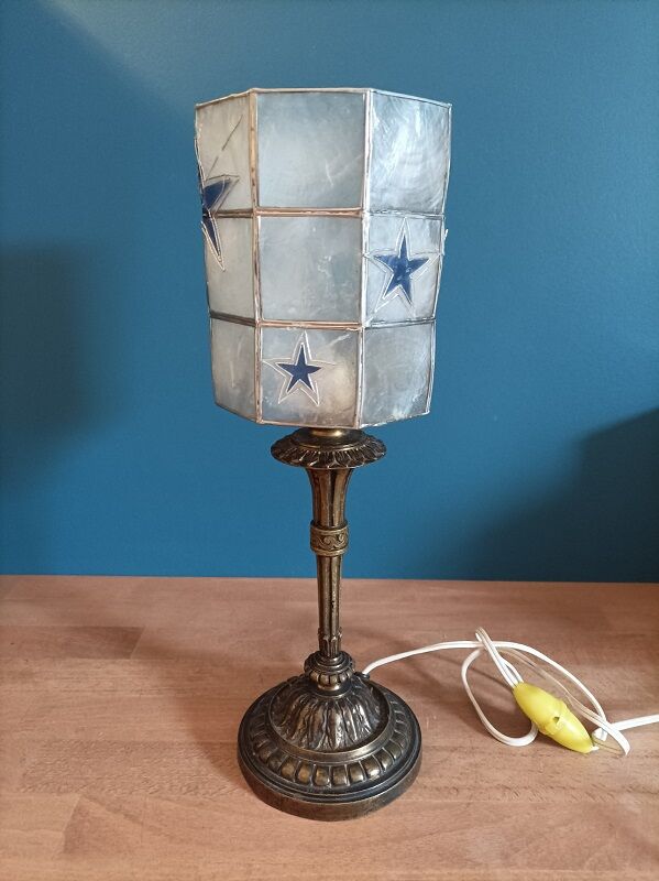 Bedside lamp mother-of-pearl blue star base bronze brass