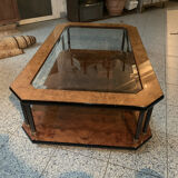 Table basse vintage loupe d'orme et verre