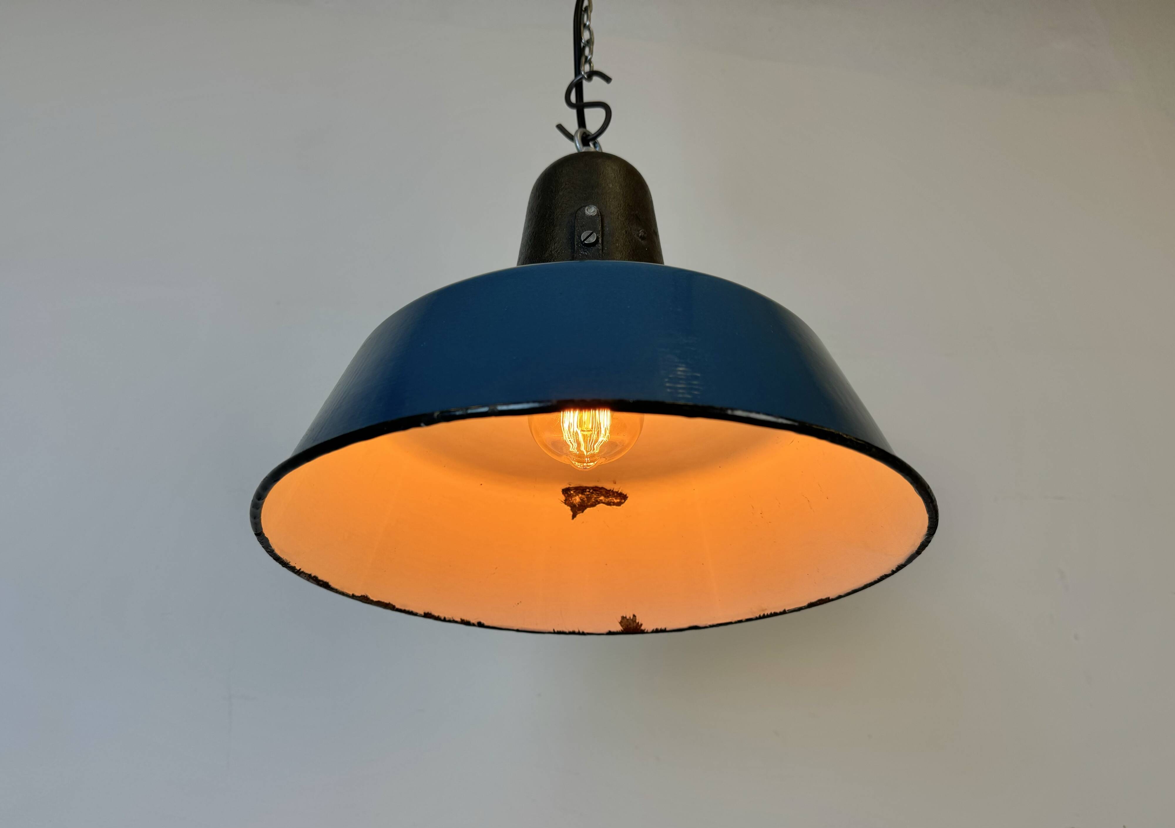 Industrial Blue Enamel Factory Lamp with Cast Iron Top, 1960s