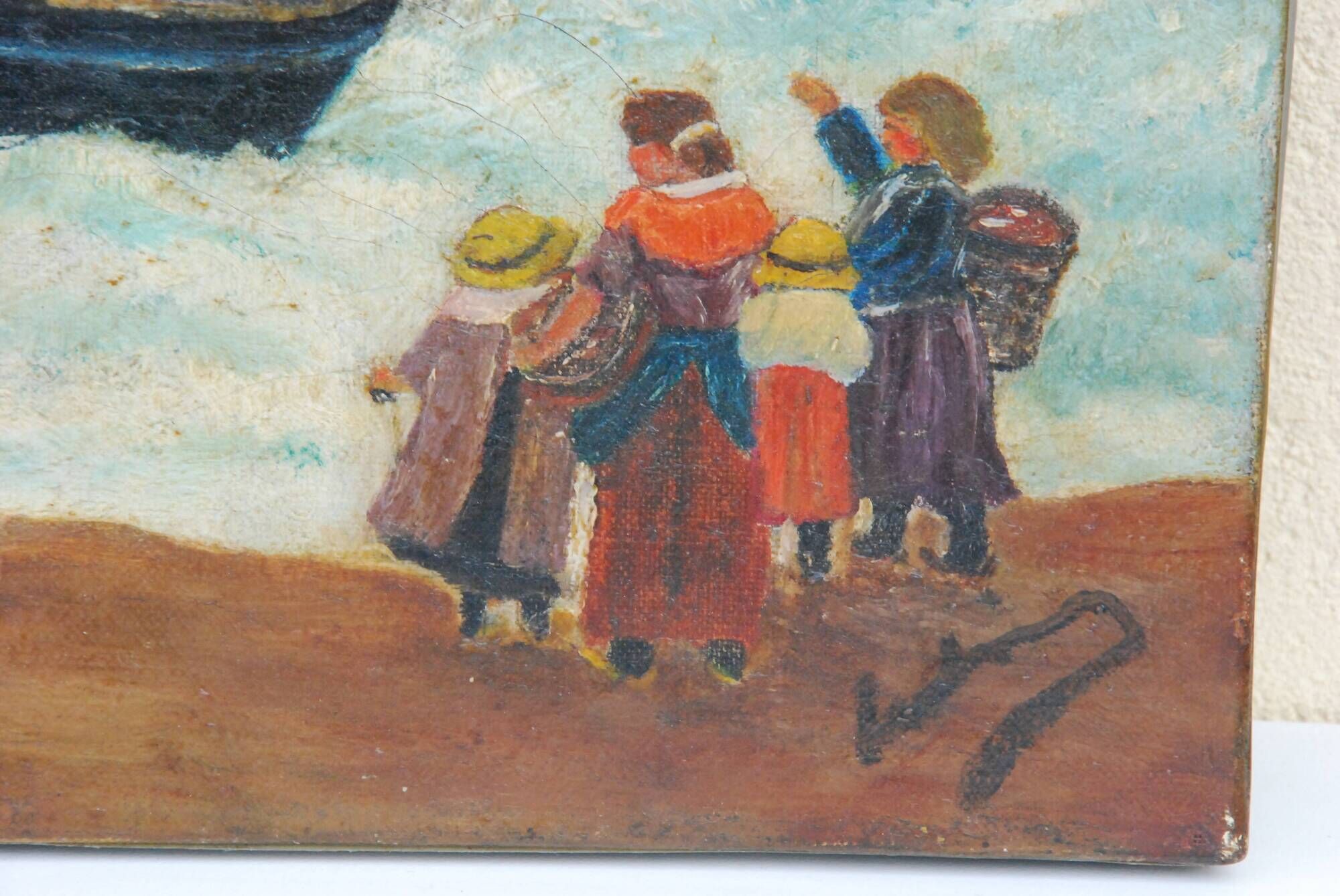 Old painting seaside view boats and fishermen