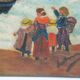 Old painting seaside view boats and fishermen