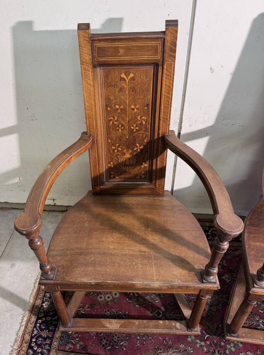 Pair of Renaissance style armchairs in walnut and marquetry.