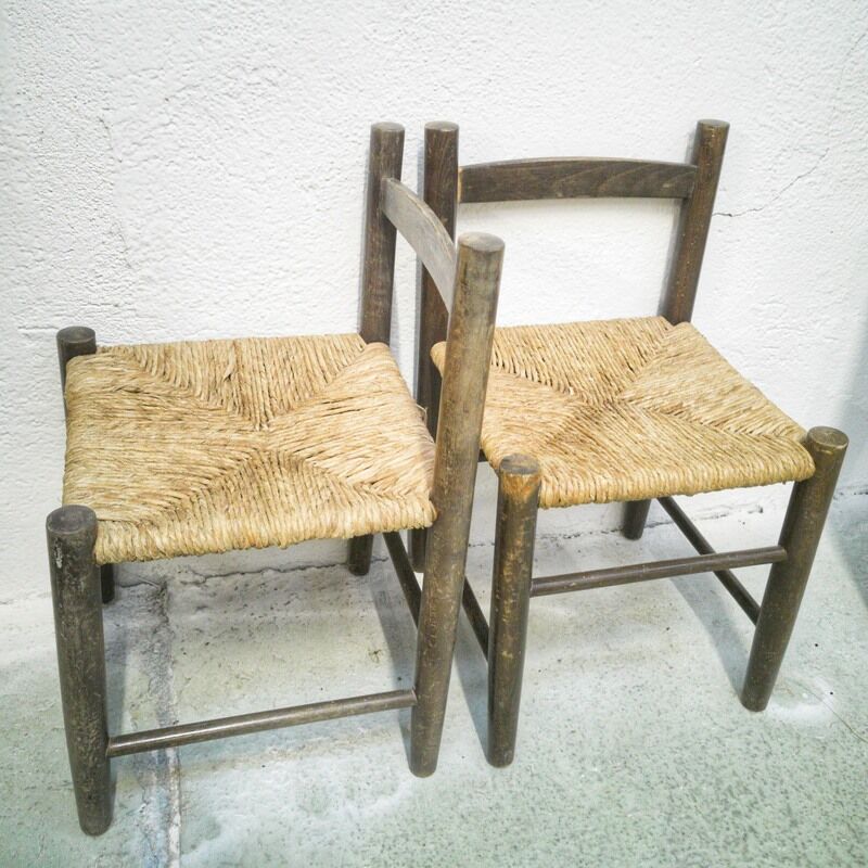 Paire de chaises enfant en bois et paille