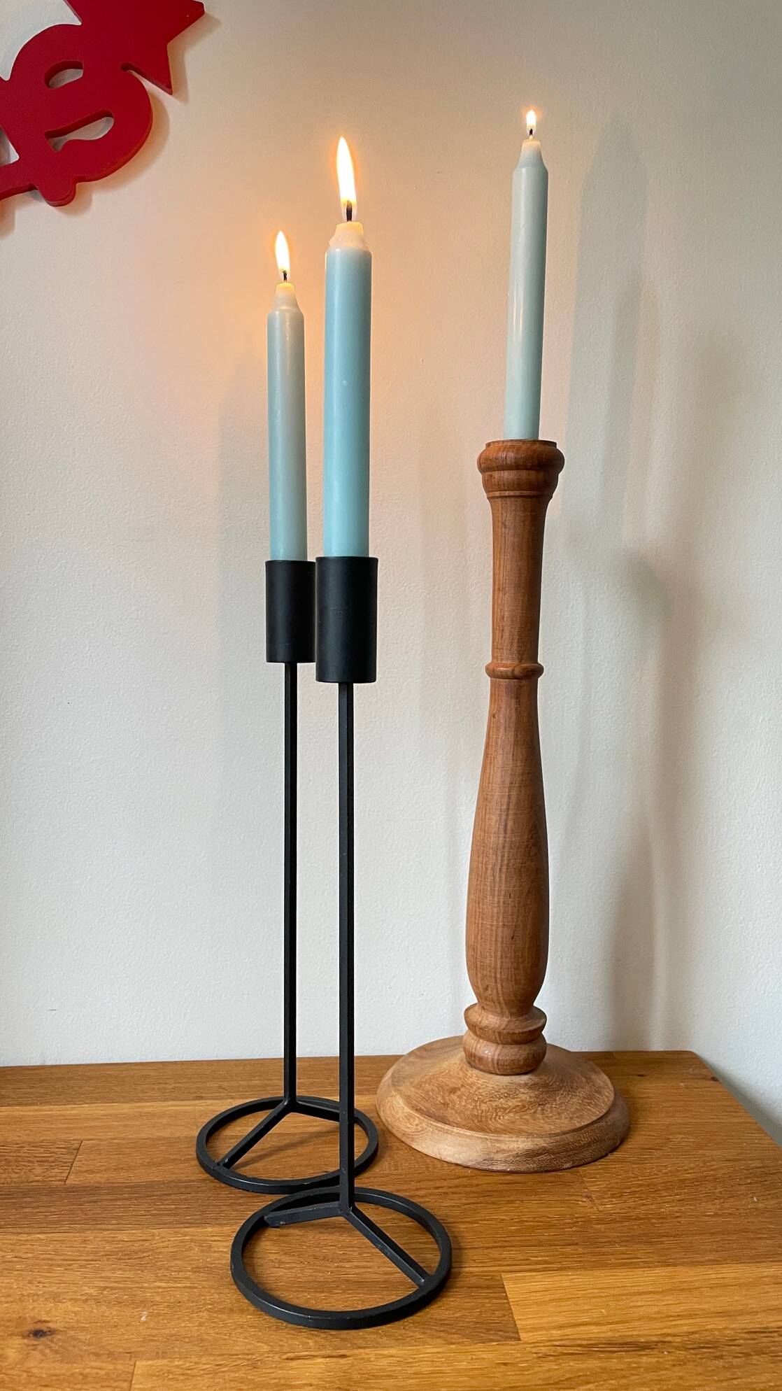 Trio of Vintage Teak and Steel Candlesticks