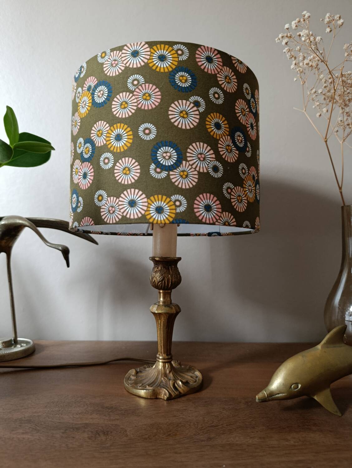 brass table lamp | khaki lampshade with multicoloured daisies