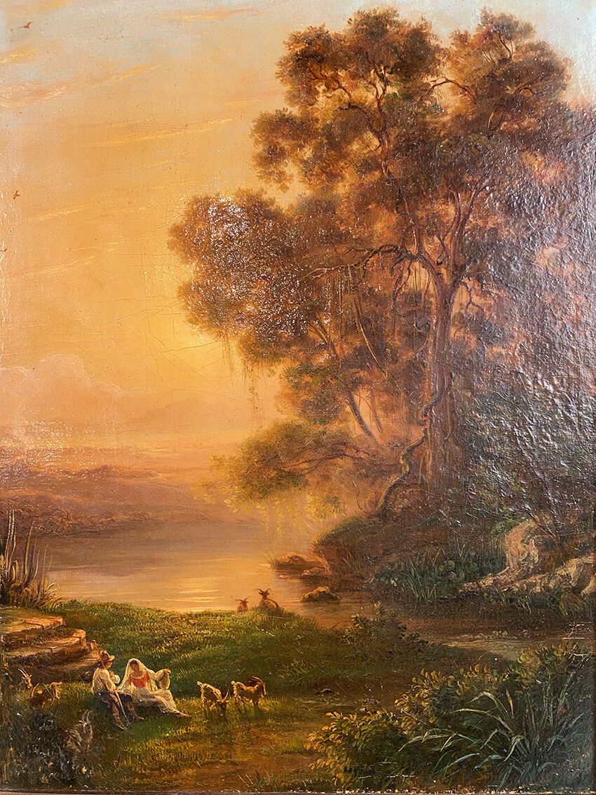 "Animated landscape at sunset", oil on canvas 19th century