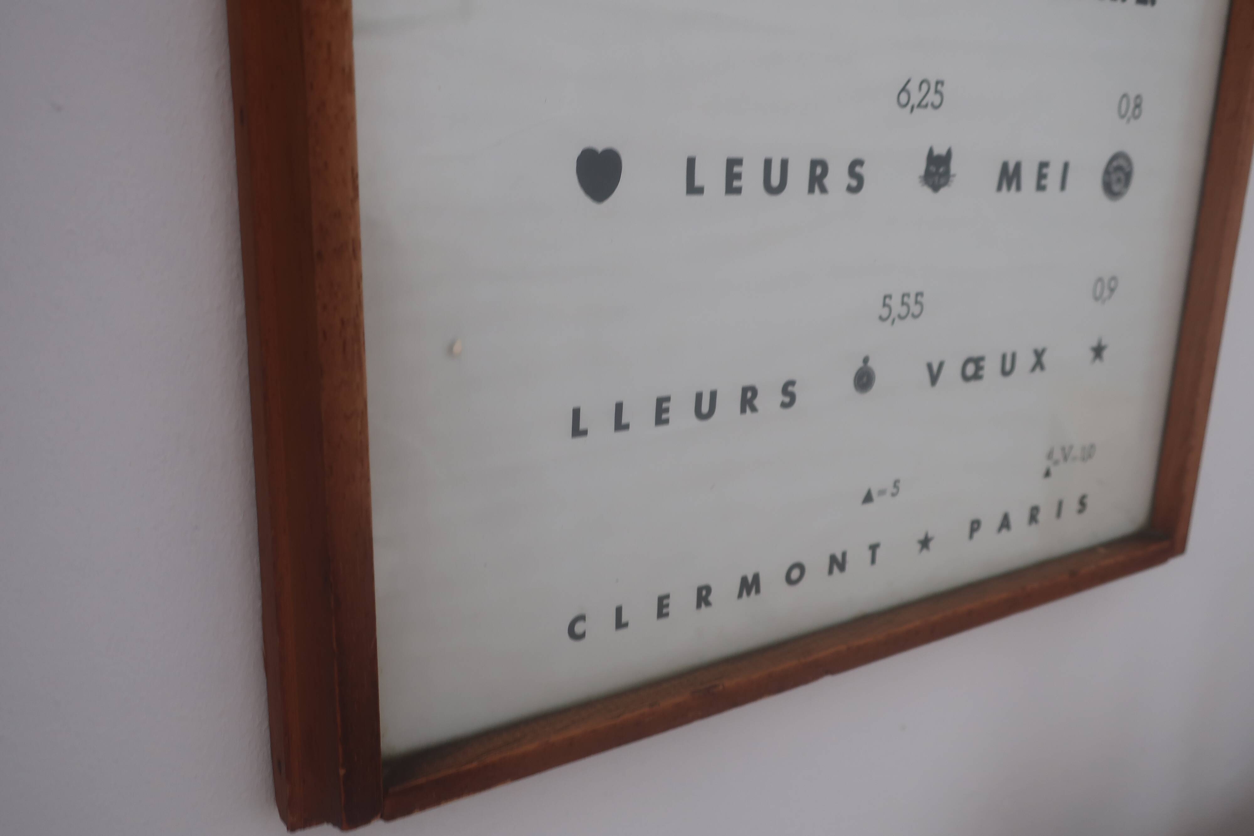 Old optical advertising poster, monoyer scale, framed