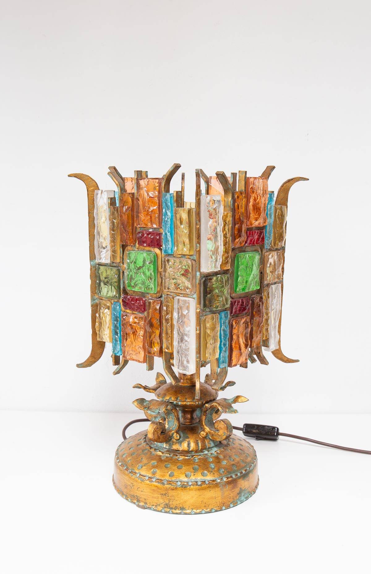 Lampe de table italienne fer forgé et verre de Murano par Longobard, 1908s
