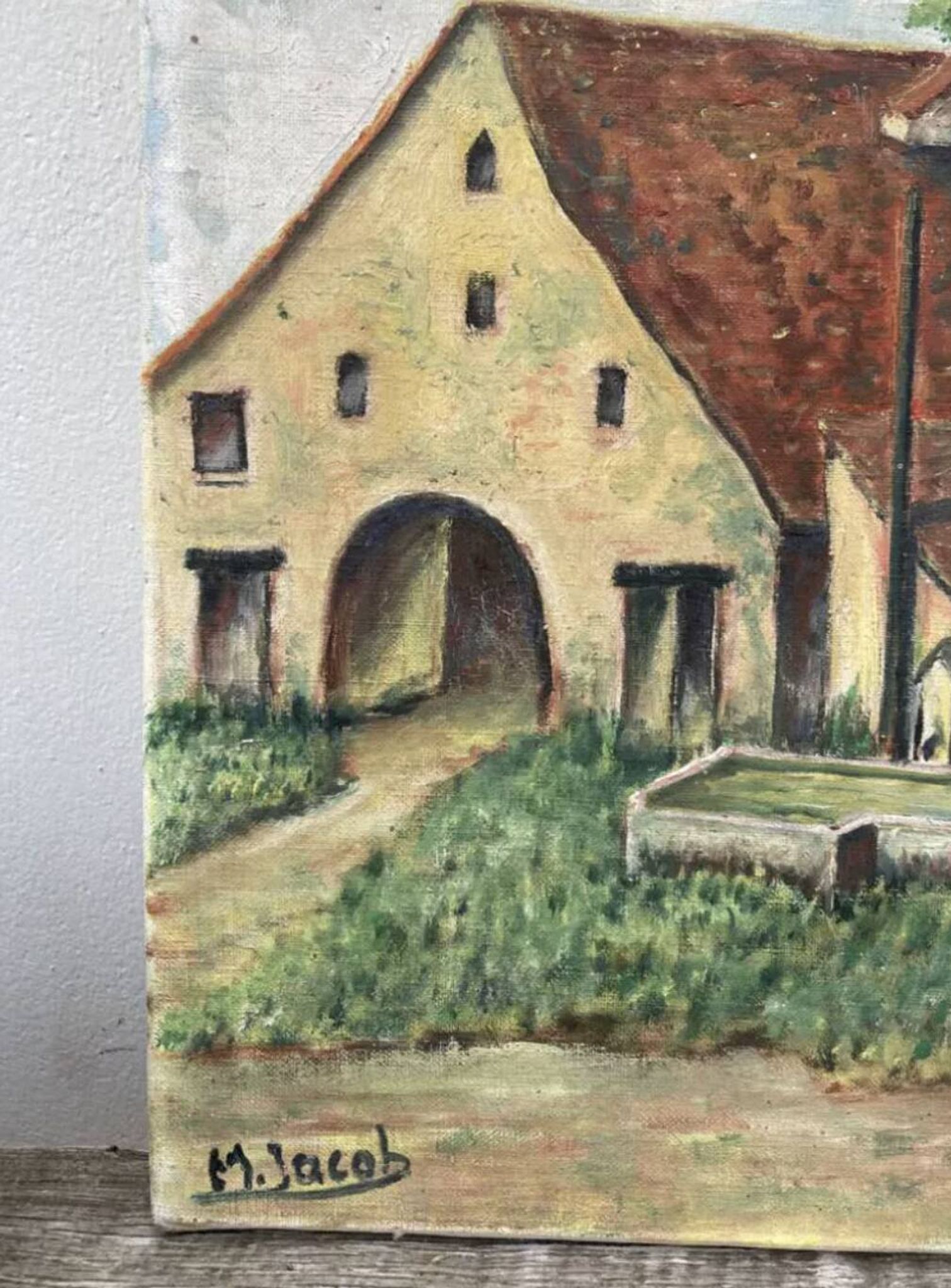 Naive painting of a farm in the Jura