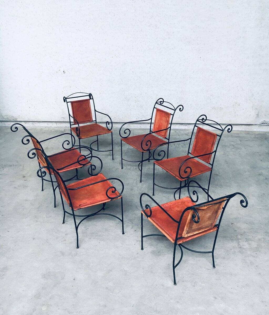 Wrought Iron and Leather Swirl Dining Chairs, Spain, 1960s, Set of 6