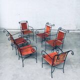 Wrought Iron and Leather Swirl Dining Chairs, Spain, 1960s, Set of 6