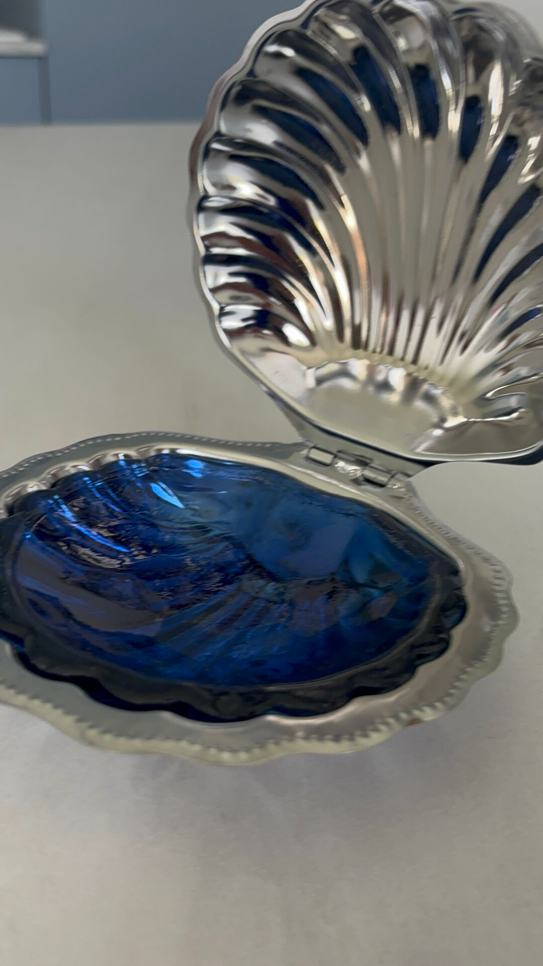 Vintage butter dish shell blue cobalt glass and silver-plated metal