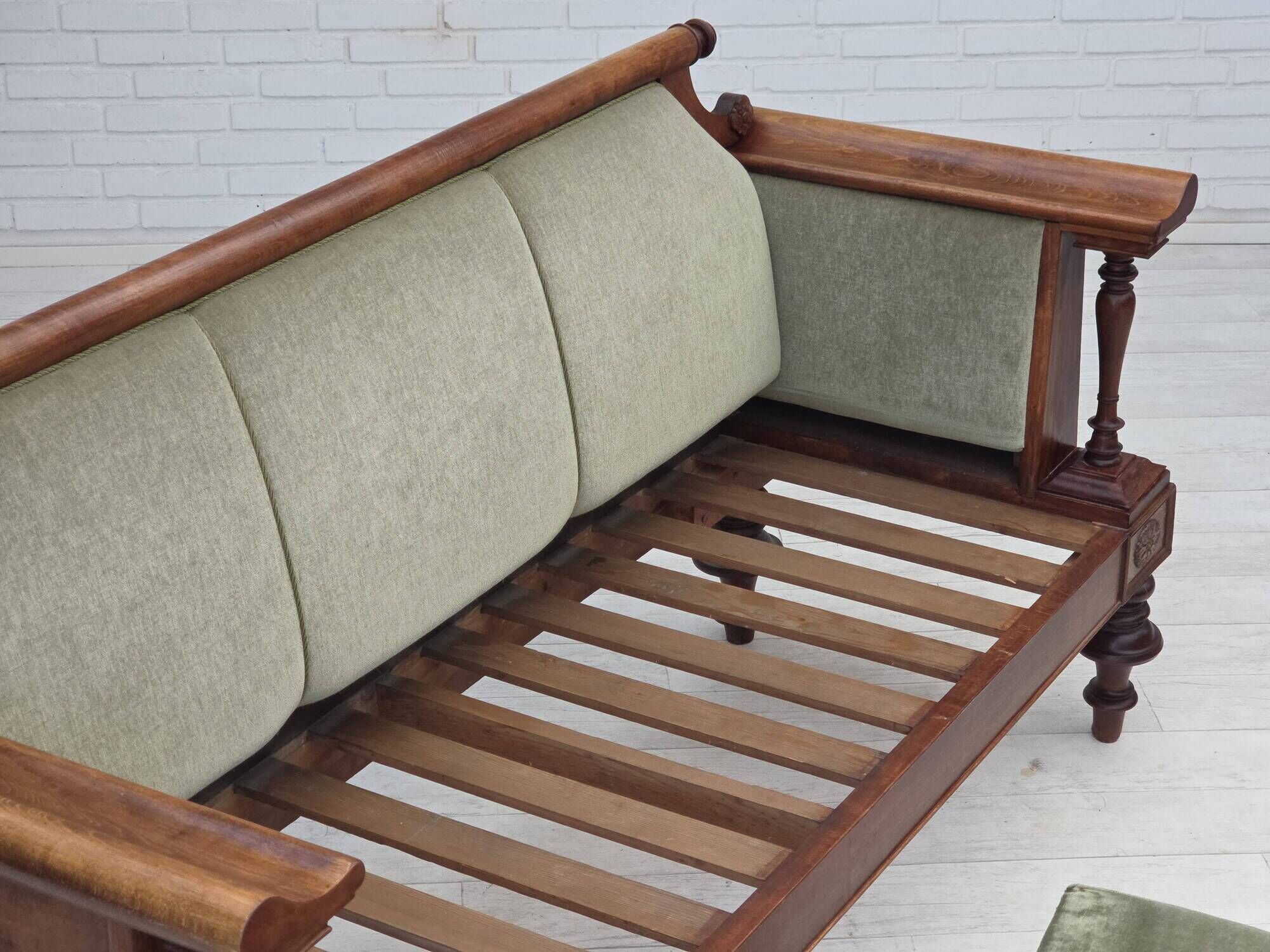 1930s, Danish 3 seater antique sofa, furniture velour, ash wood.