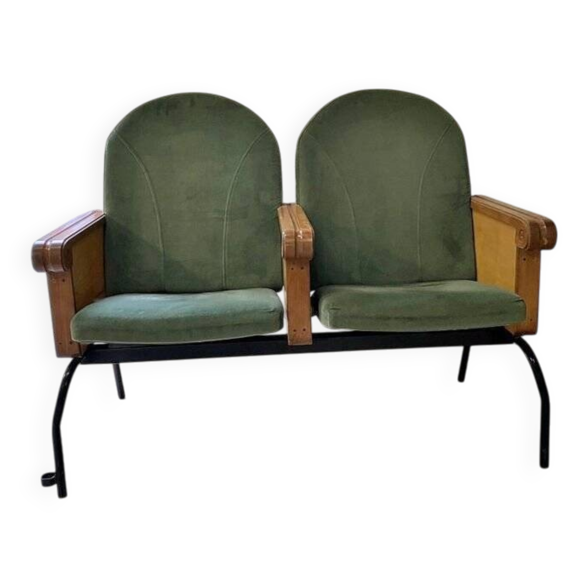 Forest green cinema double seat in oak and metal - 2 places, 1970s vintage design