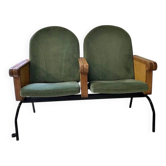 Double siège de cinéma vert forêt en chêne et métal - 2 places, design 1970s vintage