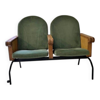 Forest green cinema double seat in oak and metal - 2 places, 1970s vintage design