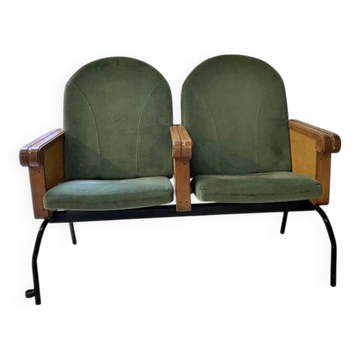 Forest green cinema double seat in oak and metal - 2 places, 1970s vintage design