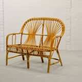 Elegant Rohé Style Vintage Design Rattan Bamboo Two-Seat Patio Sofa, 1950s.