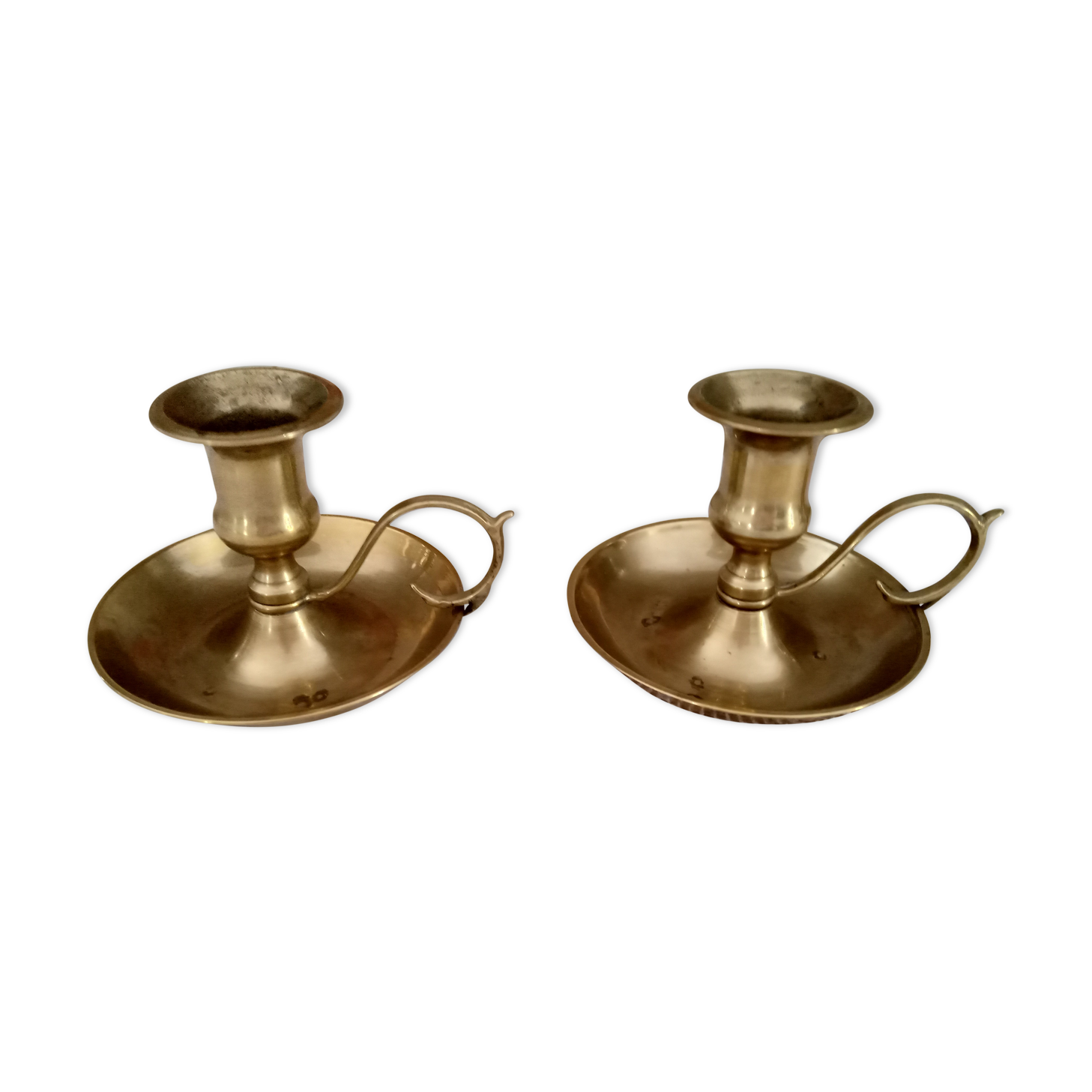 Set of 2 vintage hand candlesticks brass cellar rat