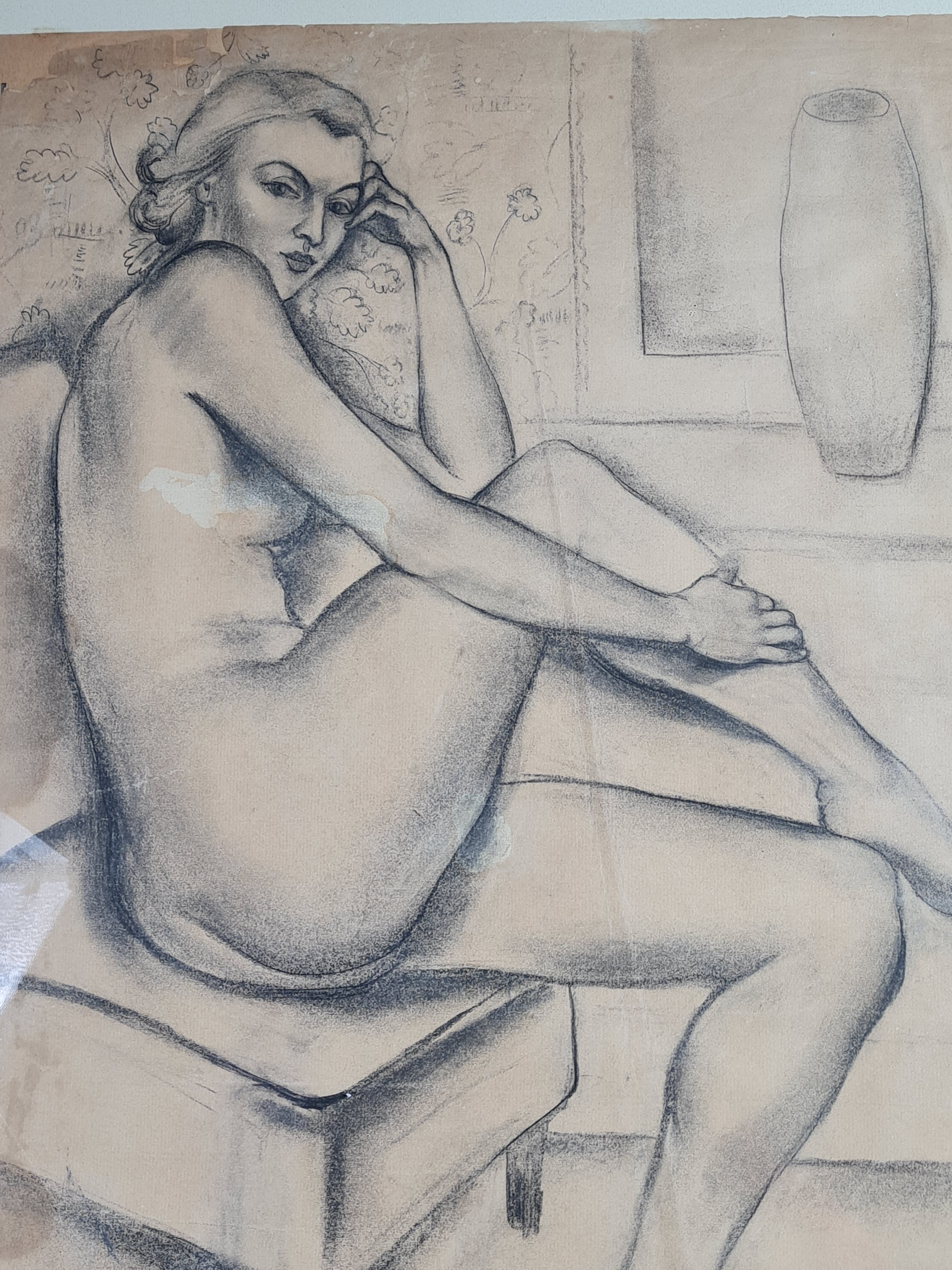 A-c. chartier (1874-1957) femme nue assise dessin fusain art déco 72x57 cm sb
