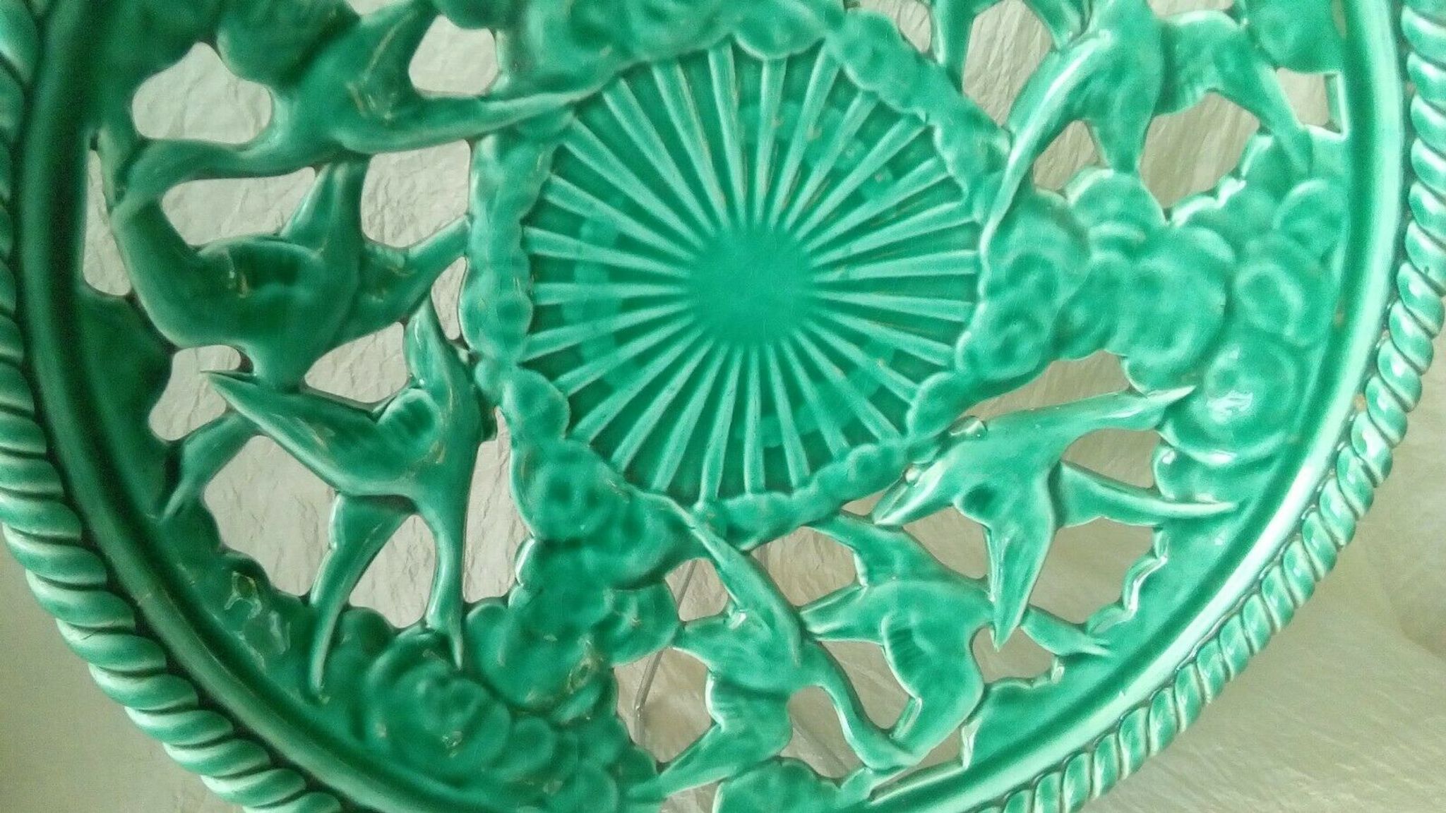 Twisted and pierced ceramic fruit bowl with a duck motif from the 1950s.