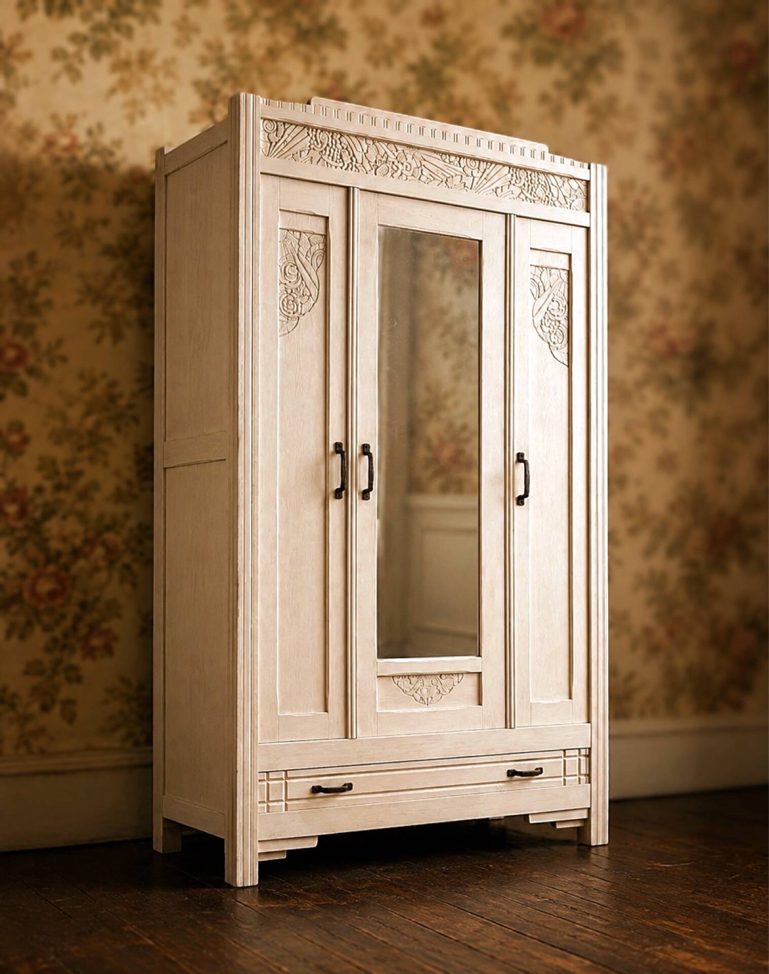 Antique Parisian wardrobe in white patina – Art Deco period around 1900