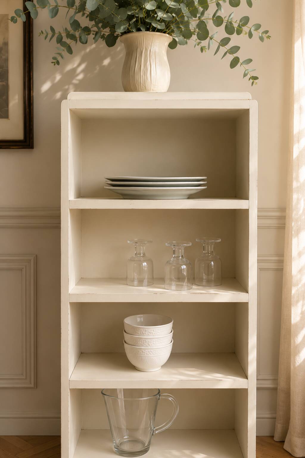 Renovated vintage 1950s library in beige.