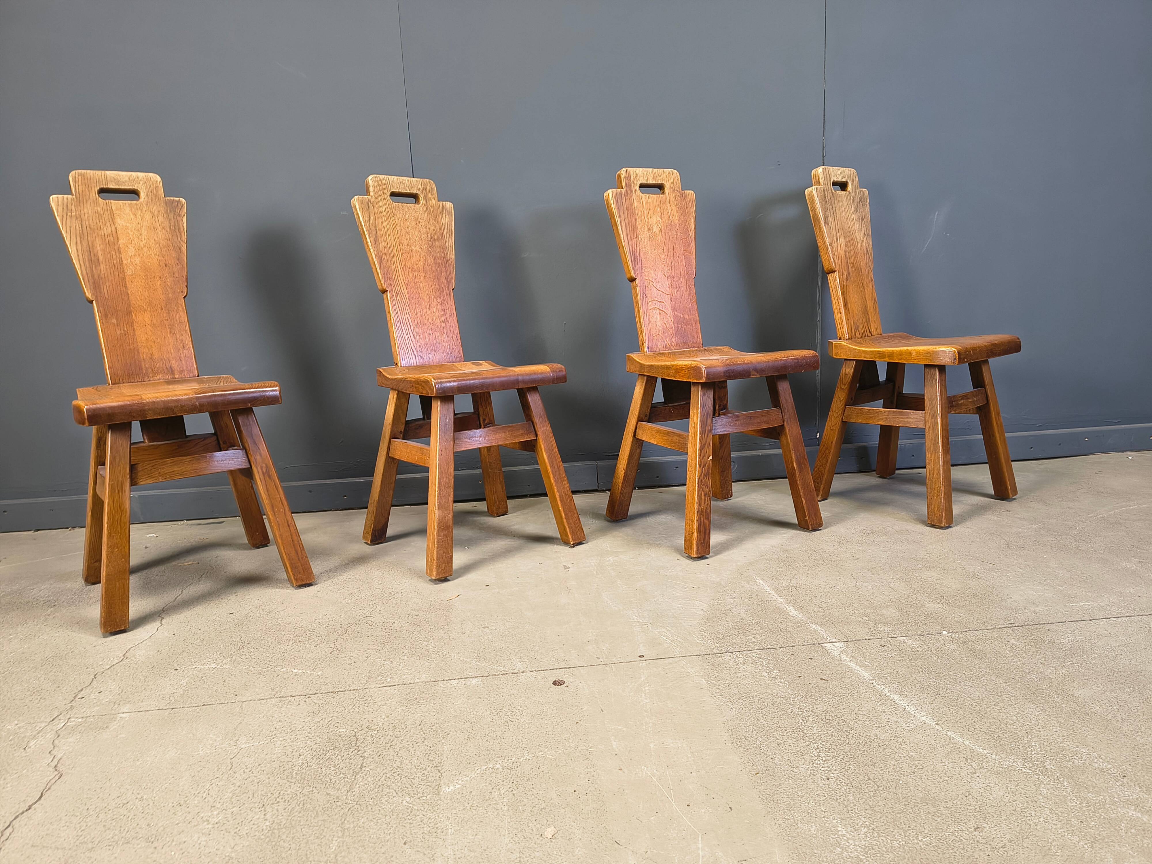 Vintage oak brutalist chairs, 1970s set of 4