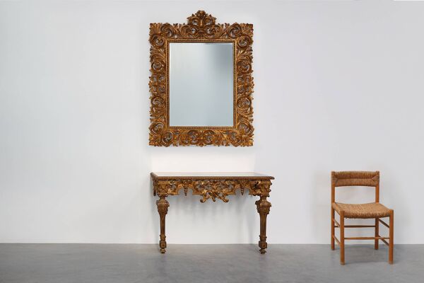 Grand miroir mural richement décoré de style baroque italien du XXe siècle