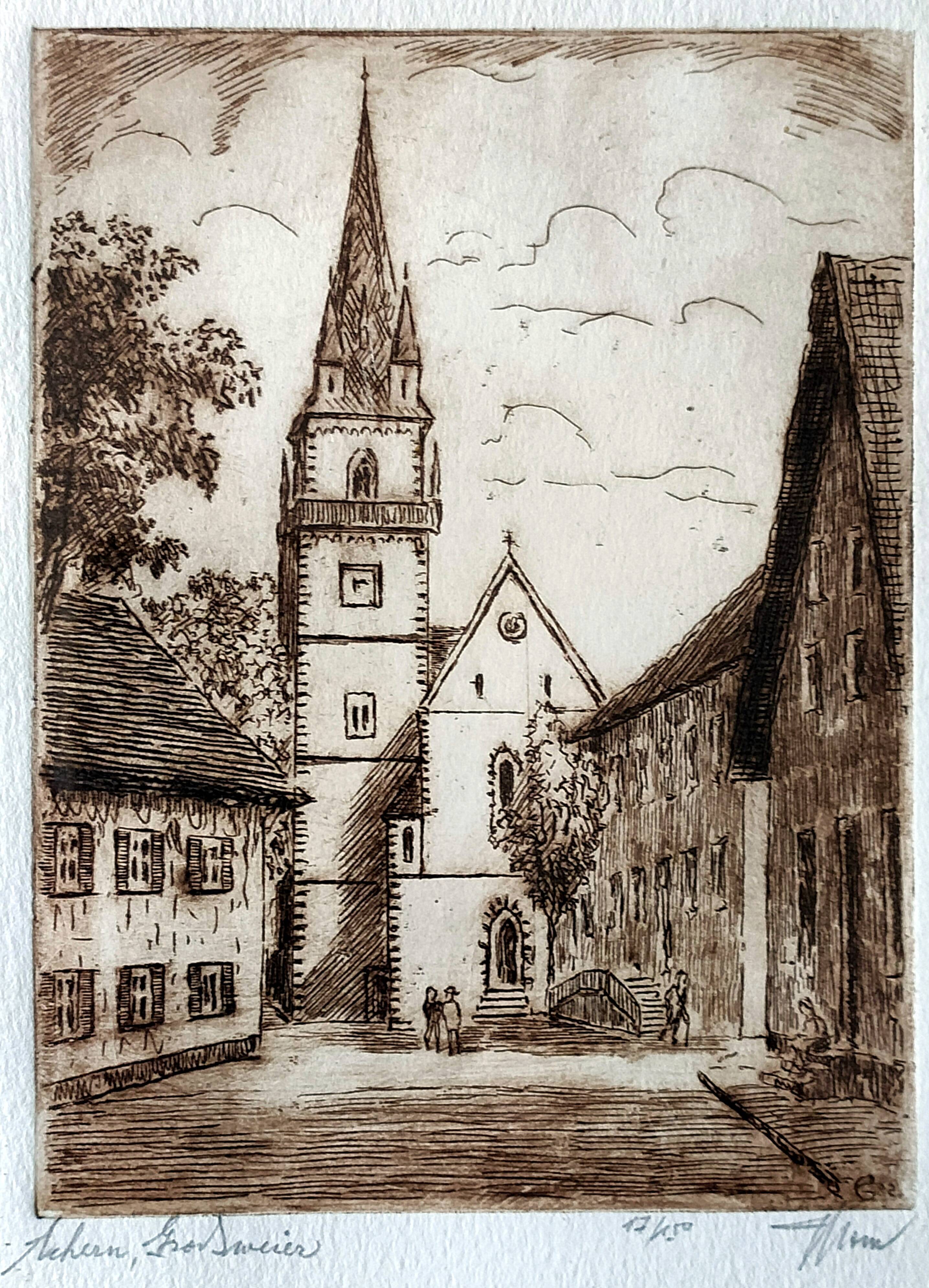 Illegible signature painting – engraving, no. 17/150 – achern, großweier
