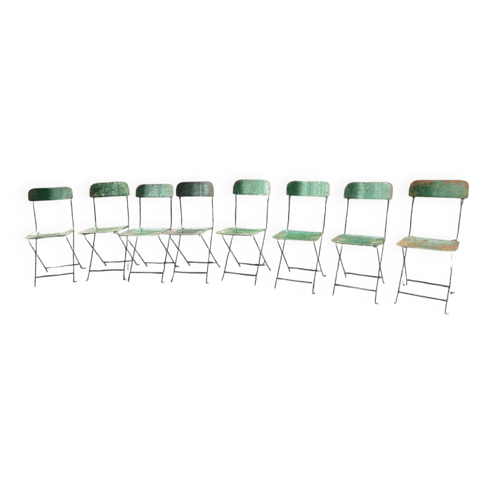 Set of 8 green painted metal industrial folding chairs.