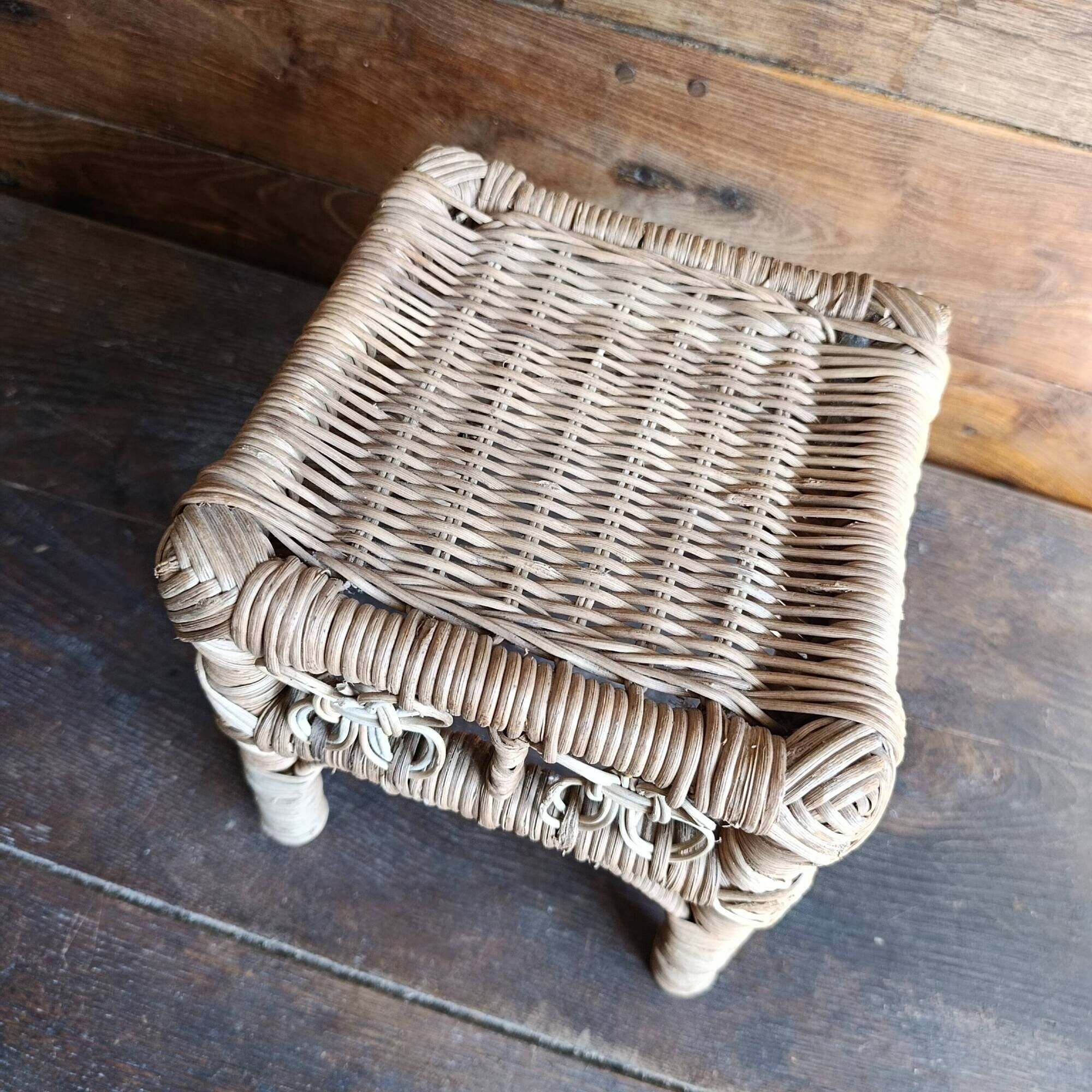 Vintage wicker stool, small woven rattan footstool and rustic plant stand