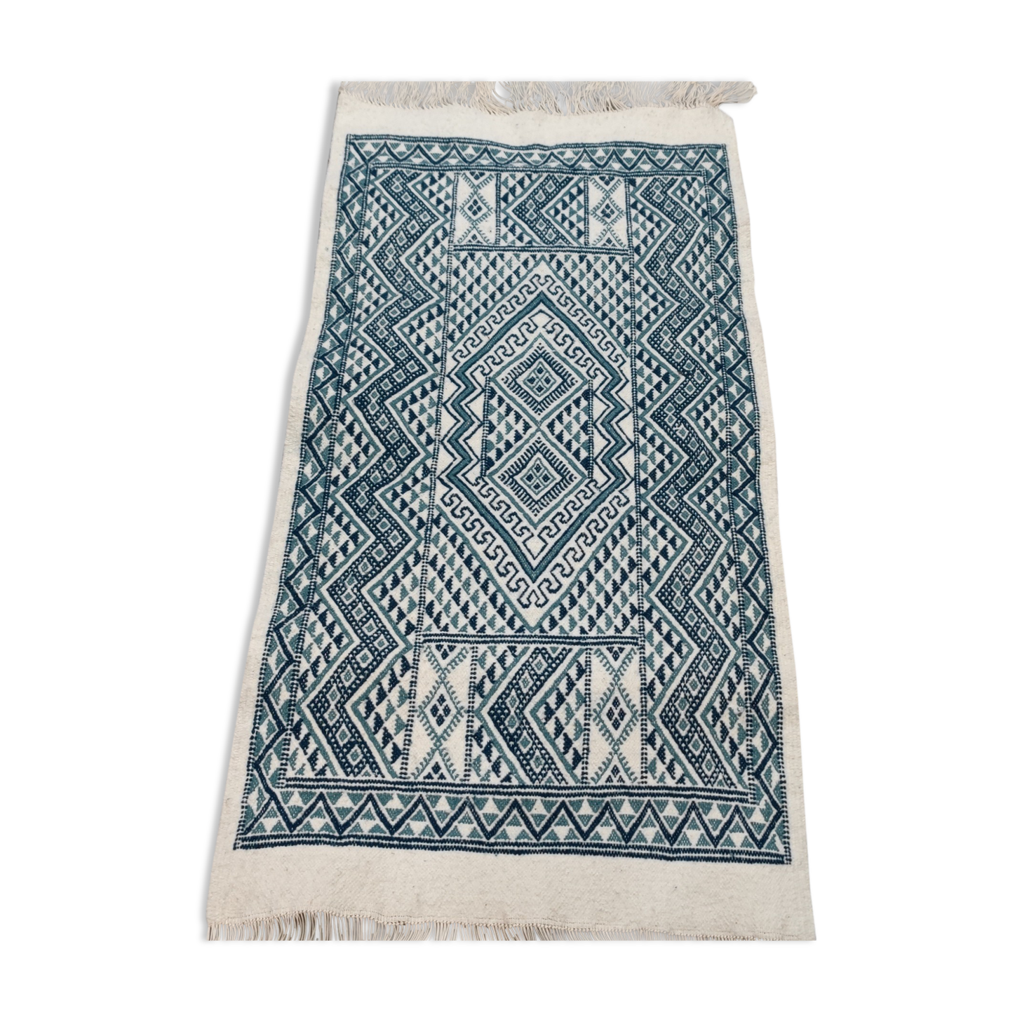 Handmade traditional white and blue carpet, 152x76 cm