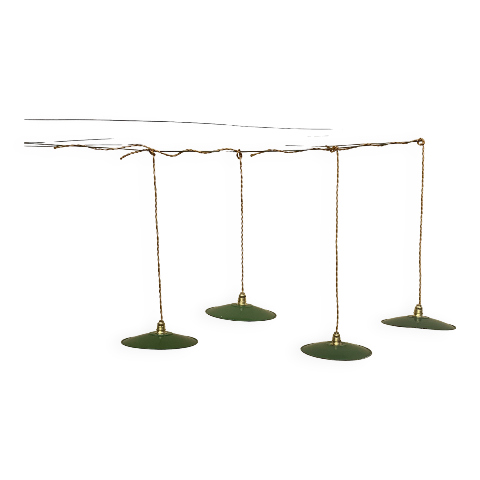 Vintage industrial enameled sheet metal pendant lights with golden wires, old green and white lampshade