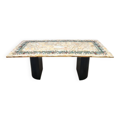 Table à manger vintage italienne en marbre, onyx avec motif floral « Edelweiss »
