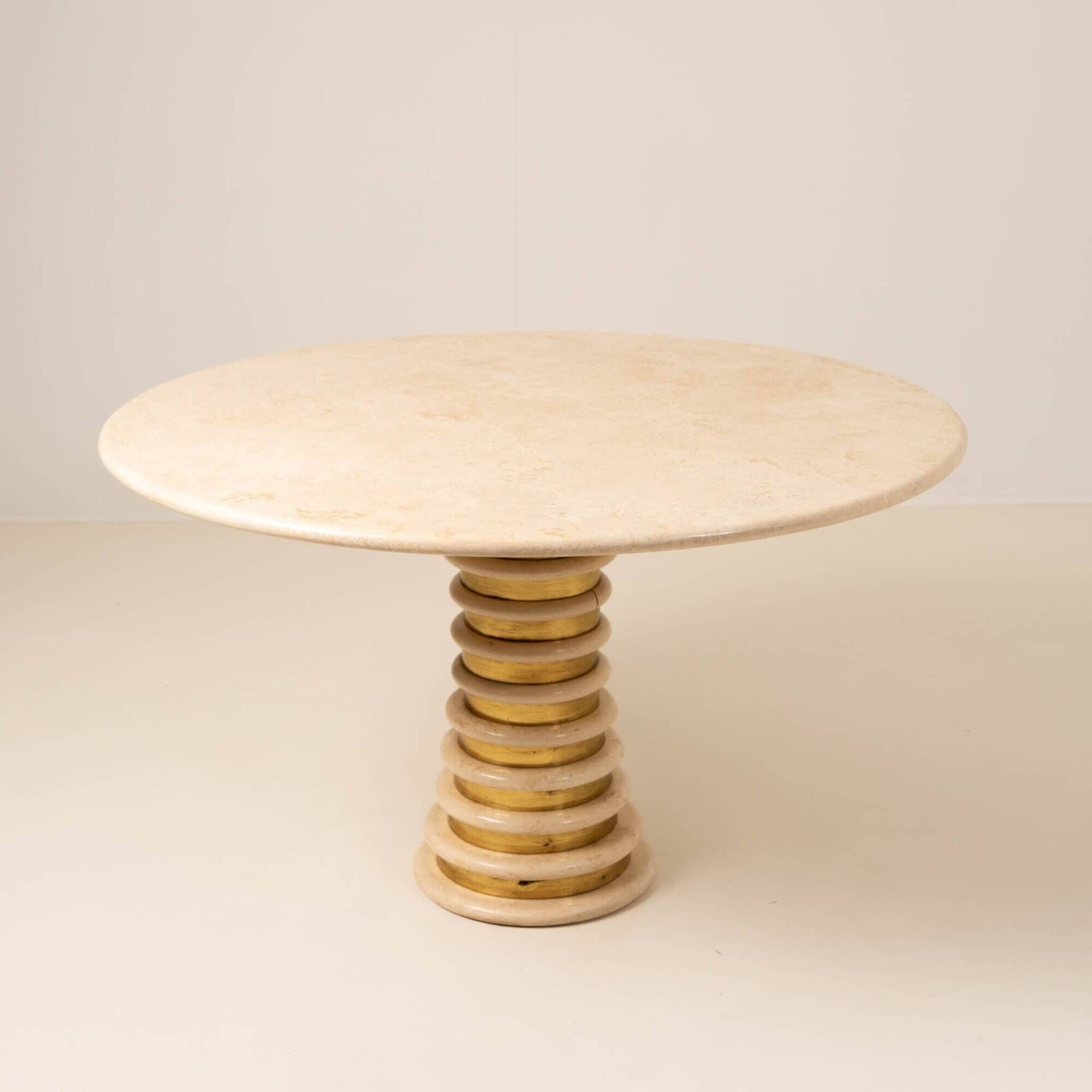Italian Travertine and Brass Pedestal Dining Table Attributed to Marzio Cecchi for Studio Most, Italy,