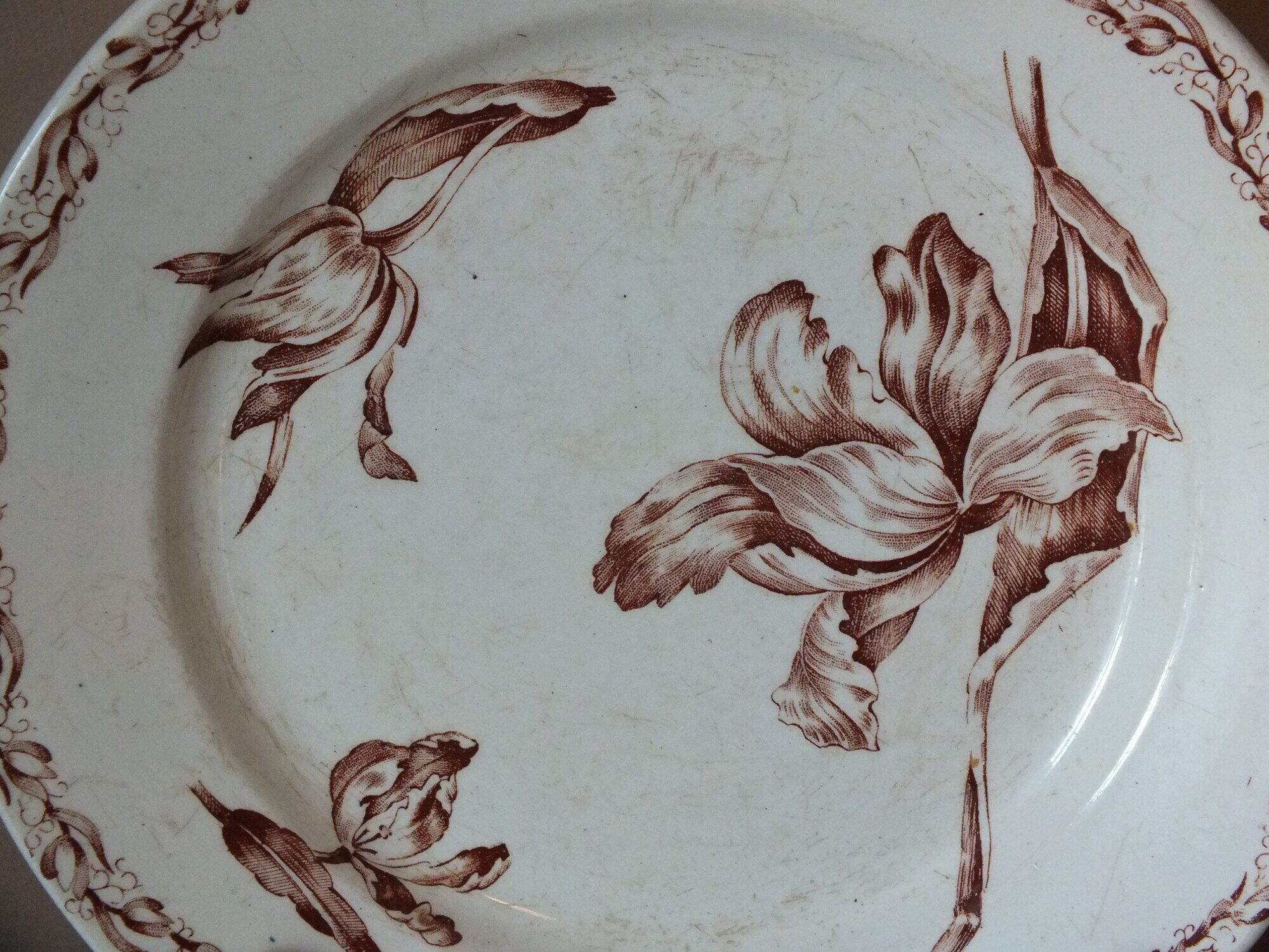 6 Dessert plates in Terre de Fer Lunéville (Tulips?)