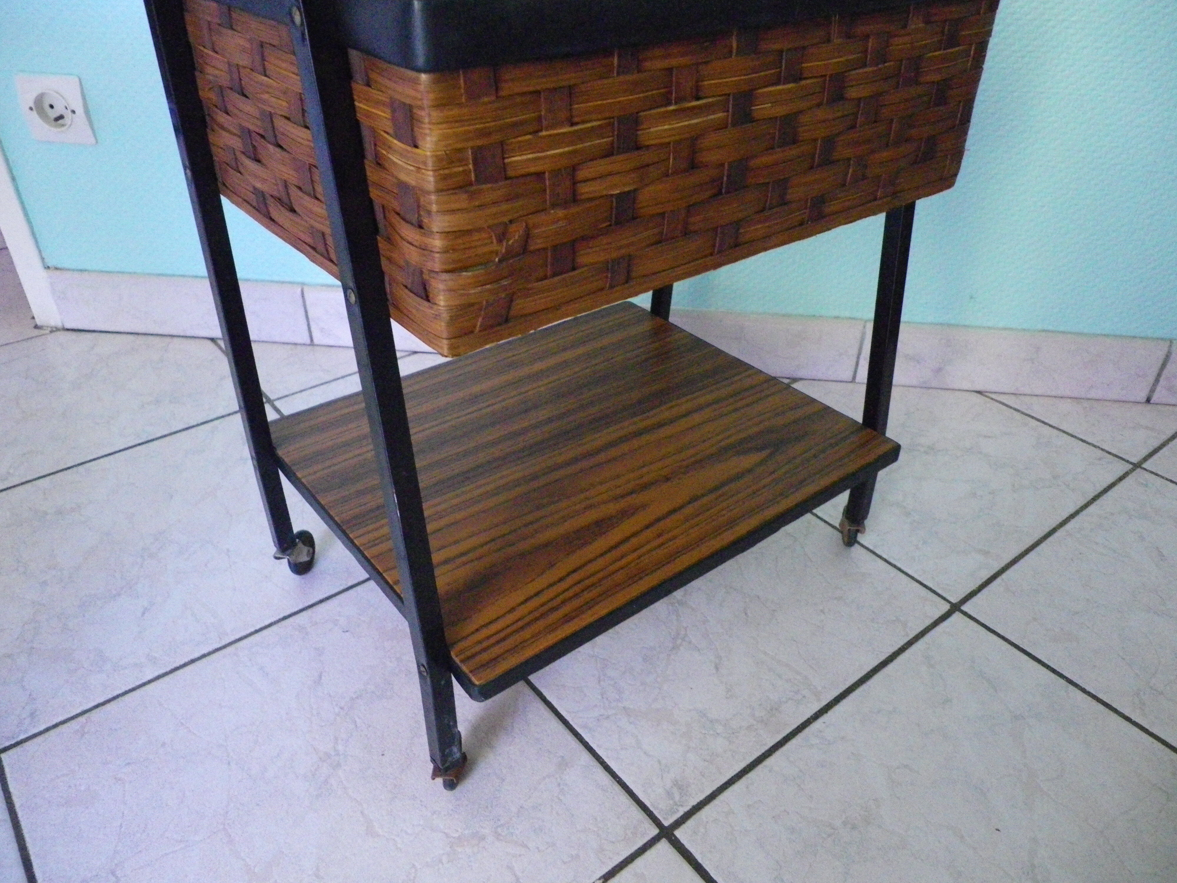 Vintage worker on wheels, rattan, fabric, skaÏ, metal with formica shelf