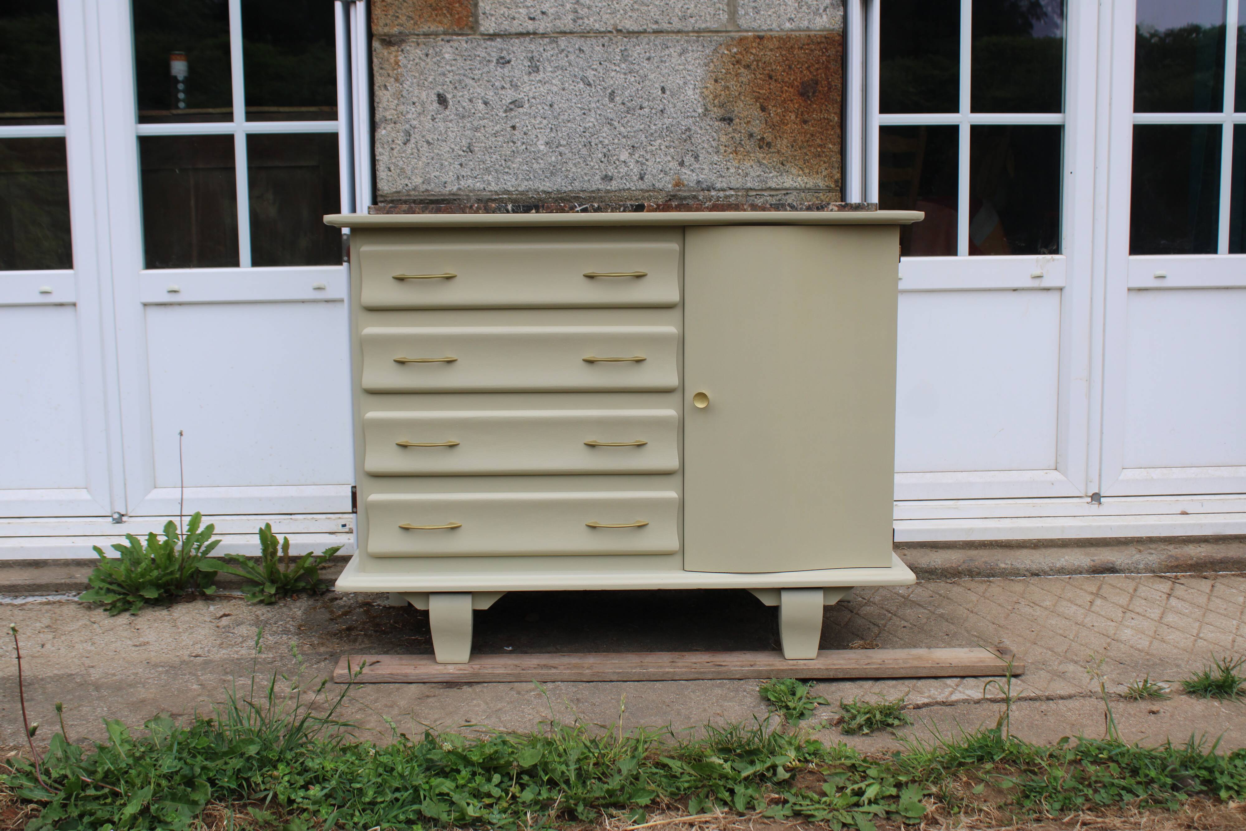 Asymmetrical Art Deco Chest of Drawers – Marble & Cream Green