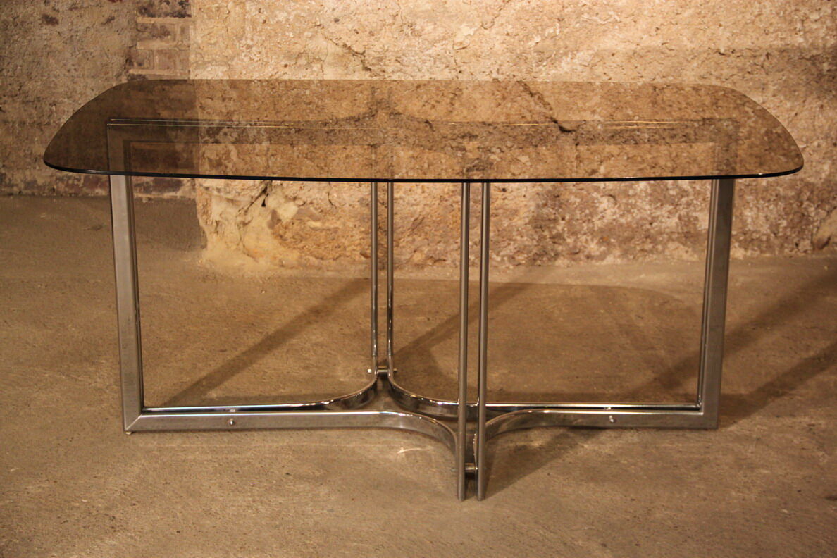 Dining table glass smoke base chromed metal 1970