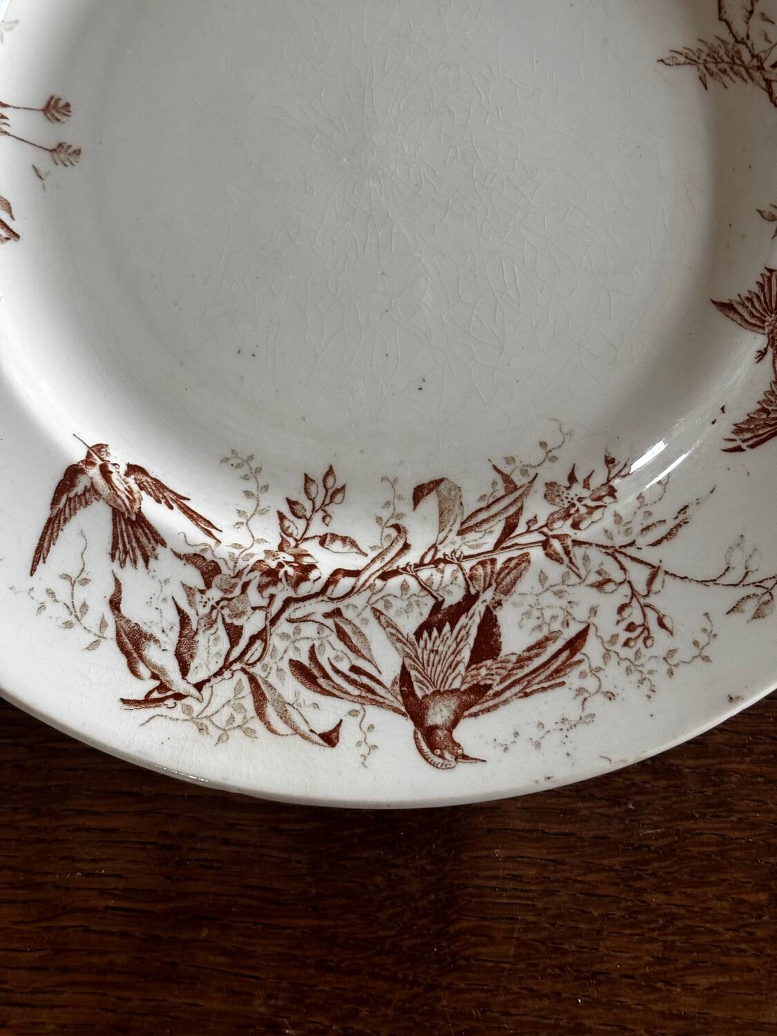 Antique KG Luneville round serving dish, colibri sepia