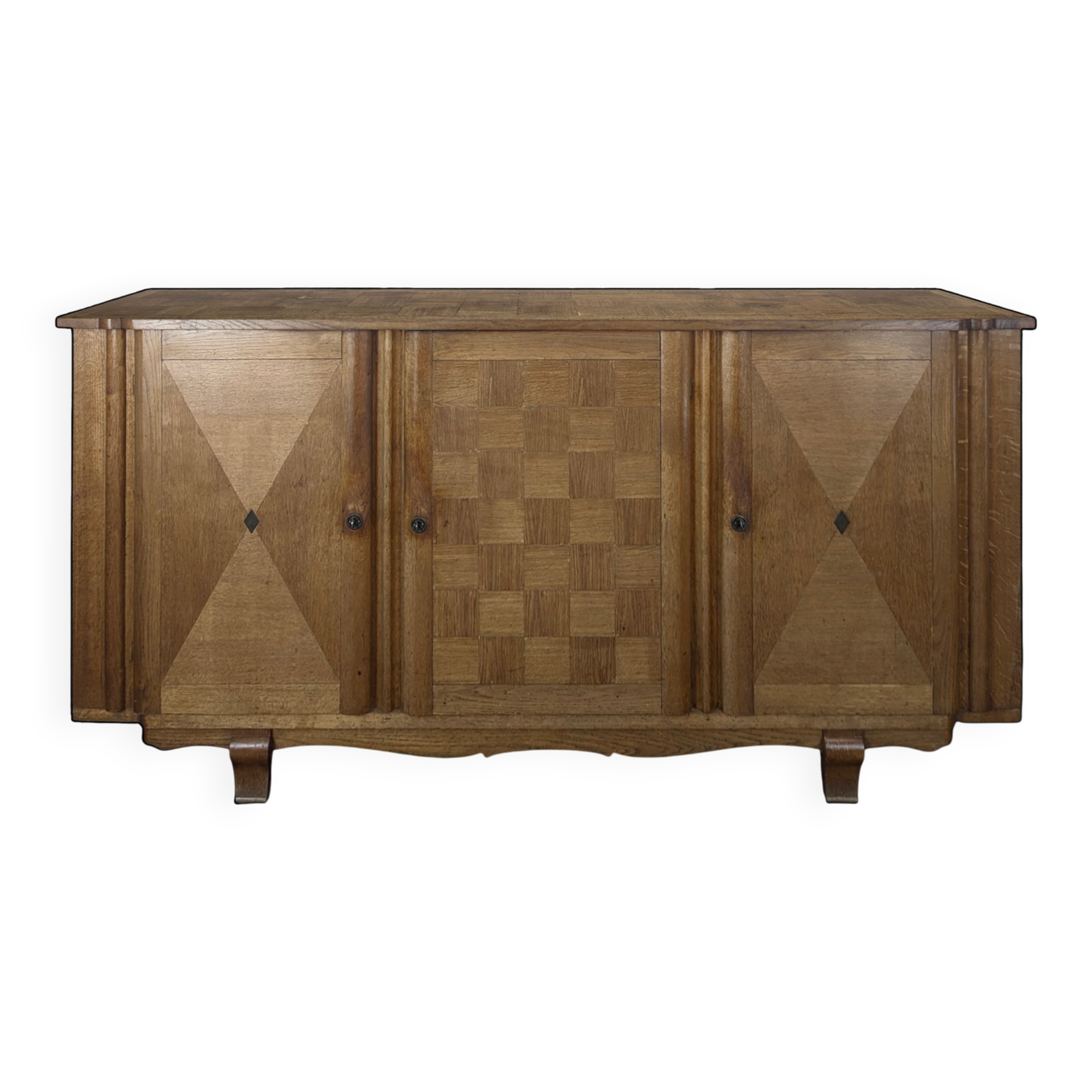 Art Deco oak enfilade with checkerboard marquetry, three doors, 1940s.
