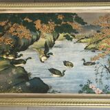 Old painting with a polychrome print decoration of ducks in nature.