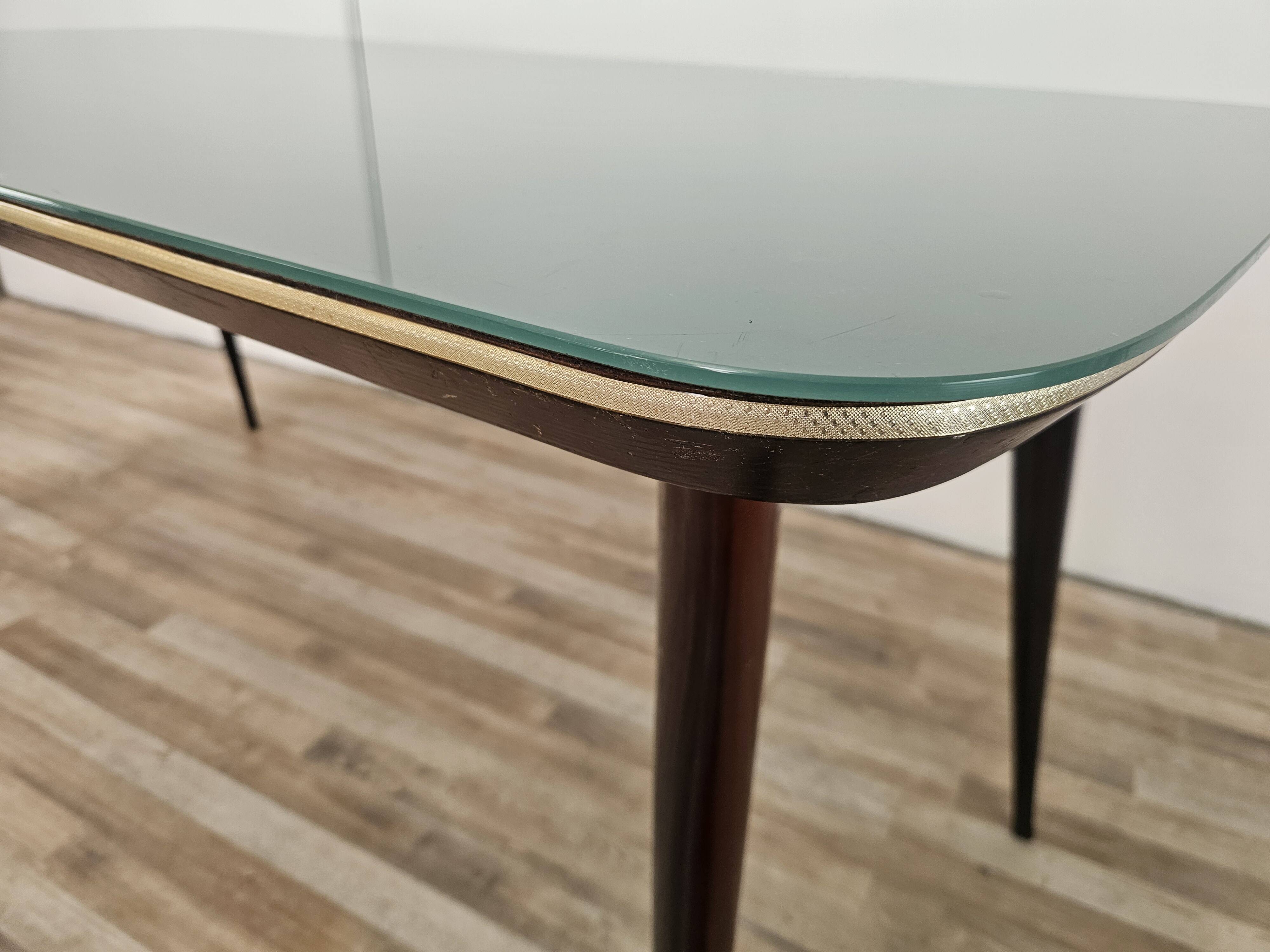 Mid-century mahogany dining table with aquamarine glass top