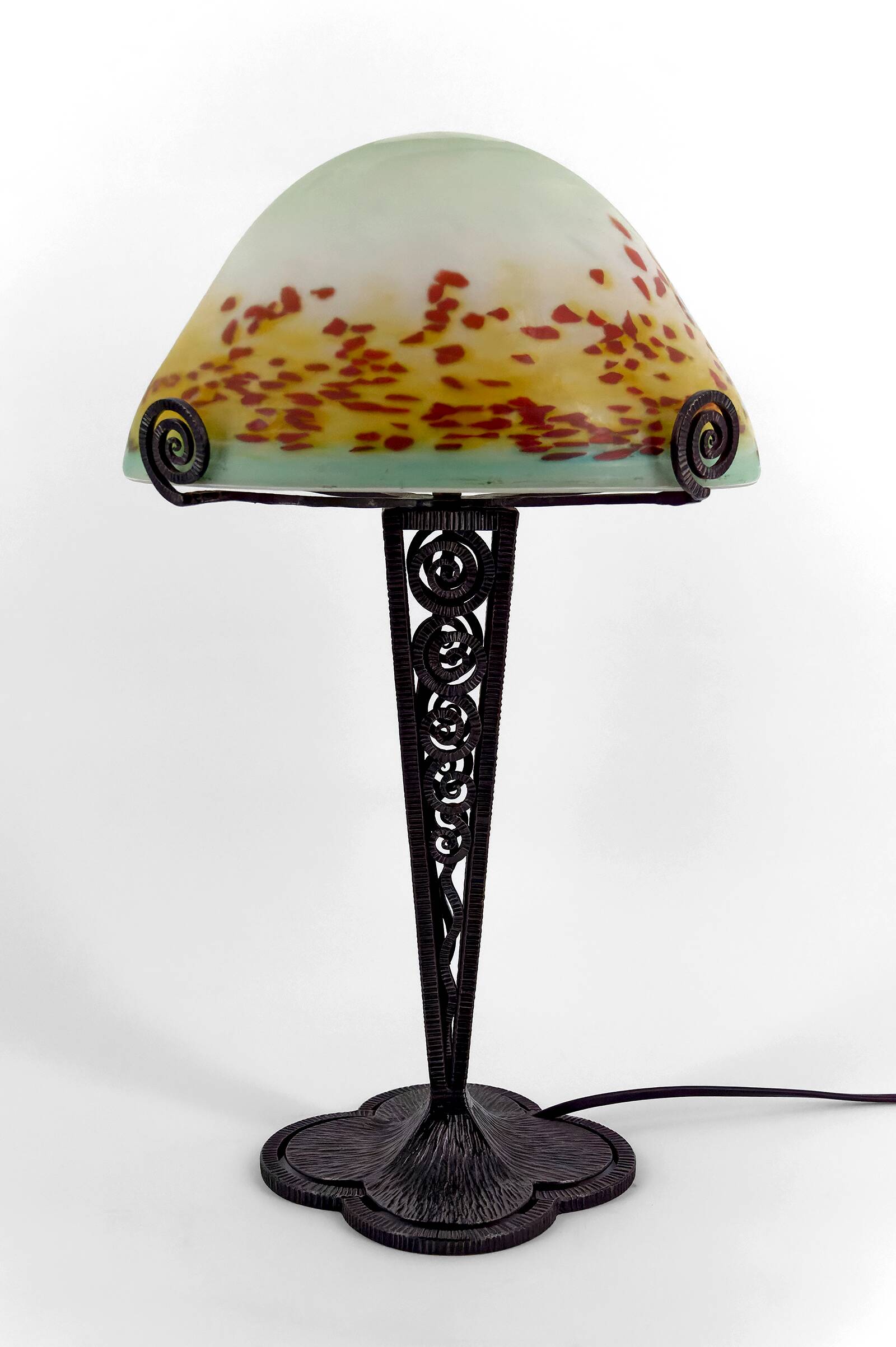 Wrought Iron Mushroom Lamp with Blown Glass Shade, 1920